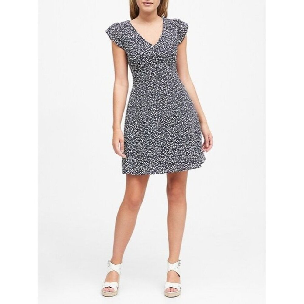 Banana Republic Womens Linen-Cotton Button Front A-Line Mini Dress 00P Navy Boho